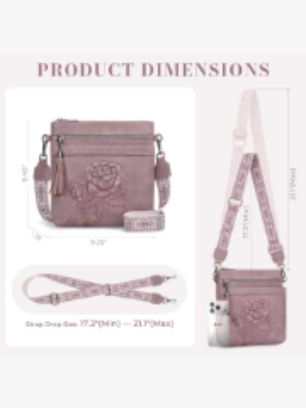 Vegan Leather Crossbody Purse Floral Embossed Multi-Pocket Adjustable Wide Strap - Picture 6 of 7